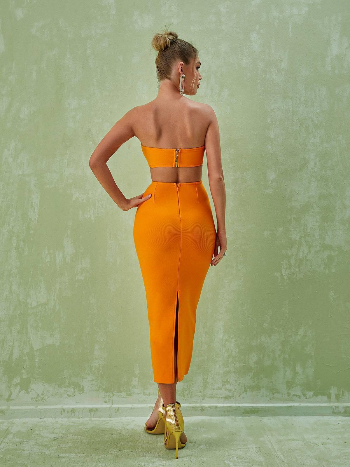 Sinead Strapless Cutout Bandage Dress In Orange-Mix MIx Style
