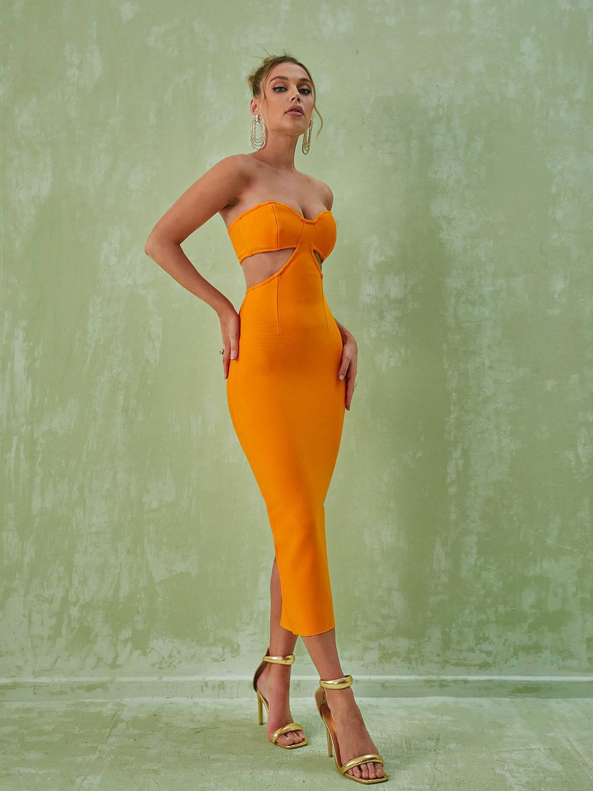 Sinead Strapless Cutout Bandage Dress In Orange-Mix MIx Style