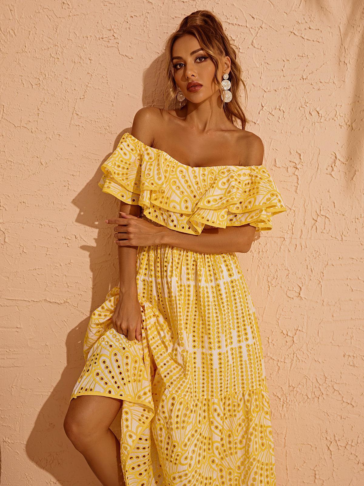 Soleil Off Shoulder Hollow Maxi Dress In Yellow-Mix MIx Style