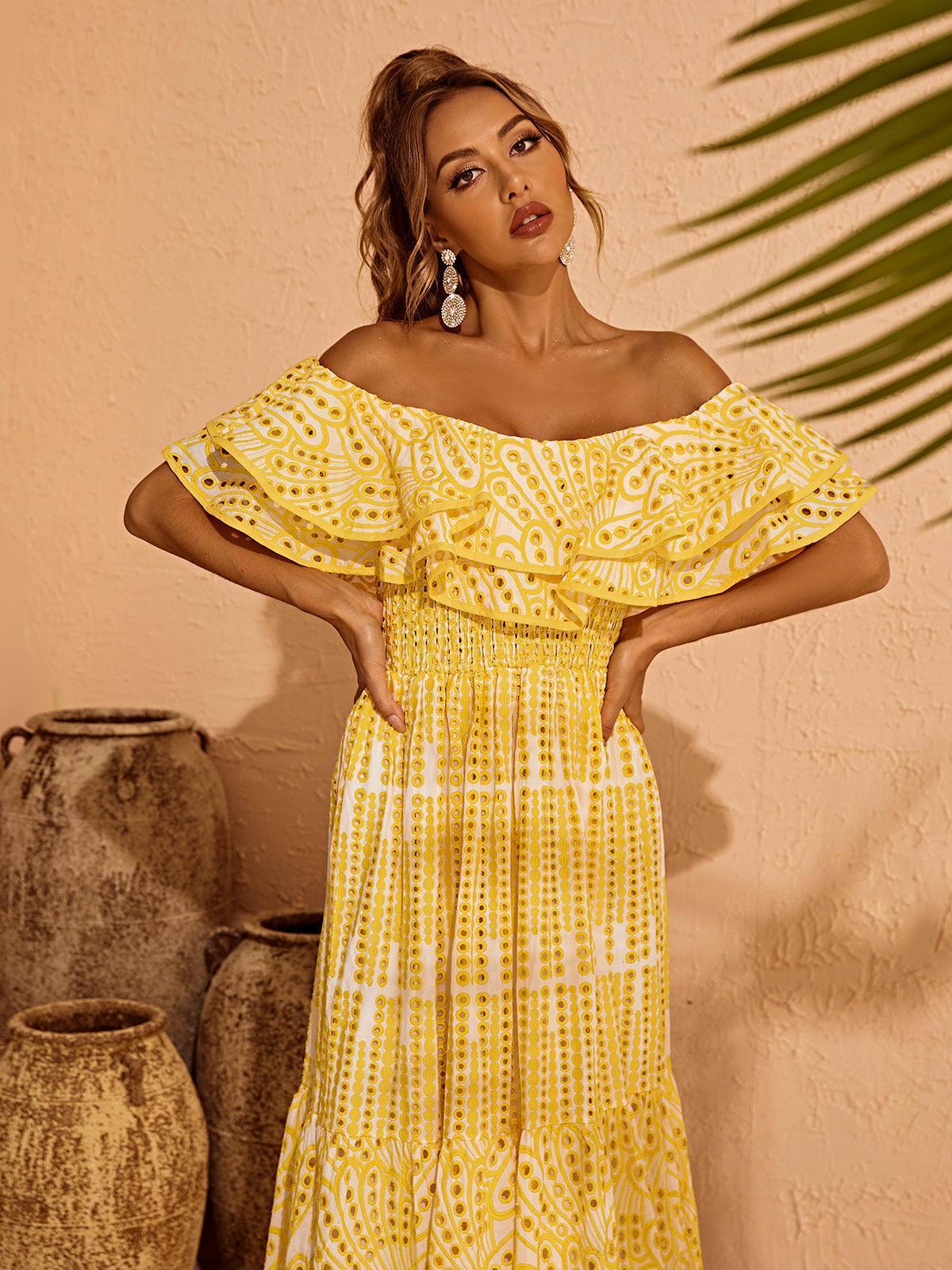 Soleil Off Shoulder Hollow Maxi Dress In Yellow-Mix MIx Style