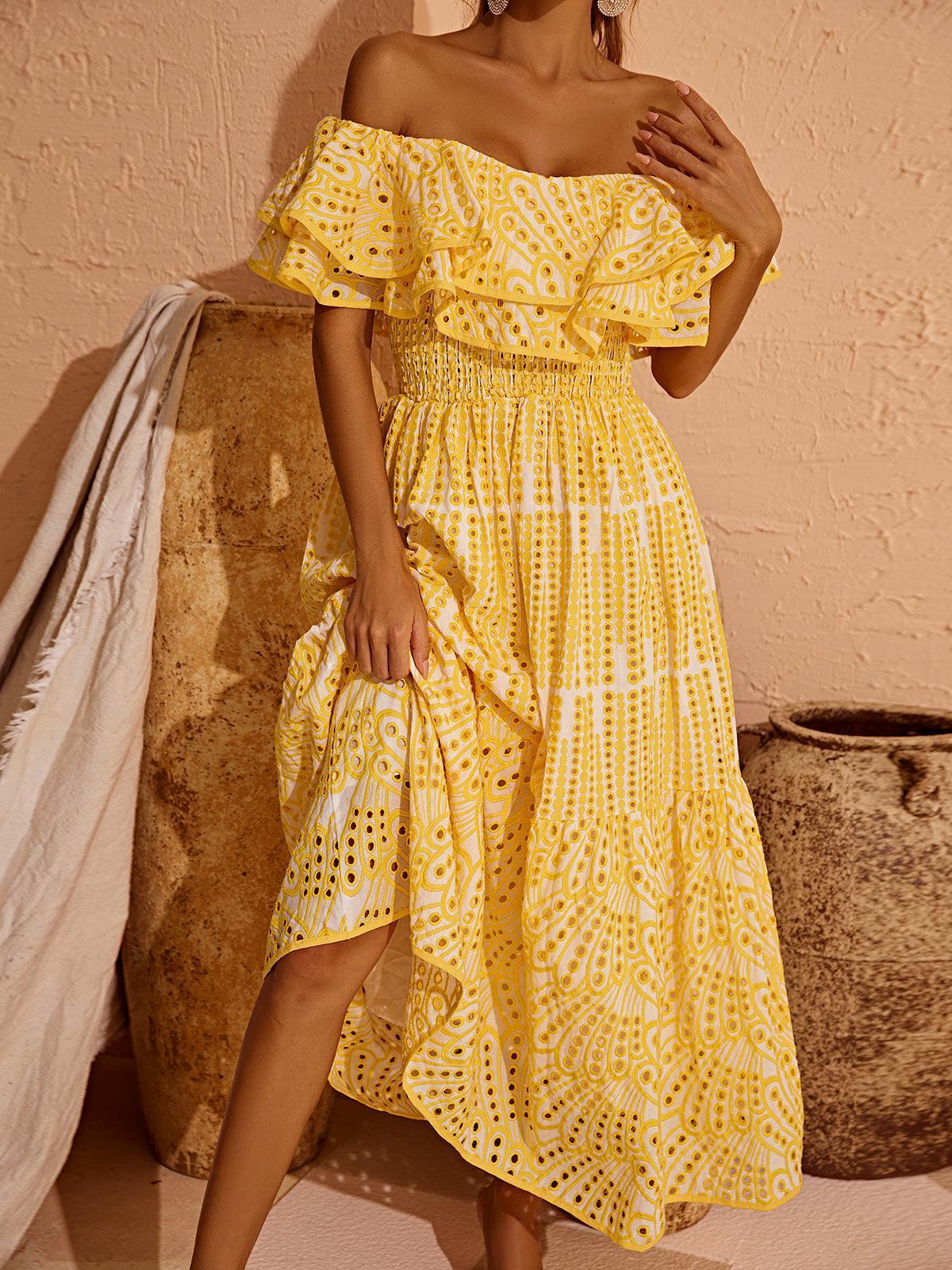 Soleil Off Shoulder Hollow Maxi Dress In Yellow-Mix MIx Style