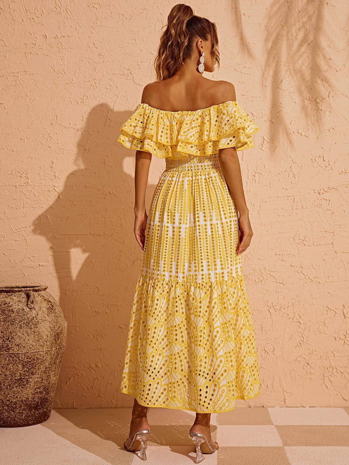 Soleil Off Shoulder Hollow Maxi Dress In Yellow-Mix MIx Style