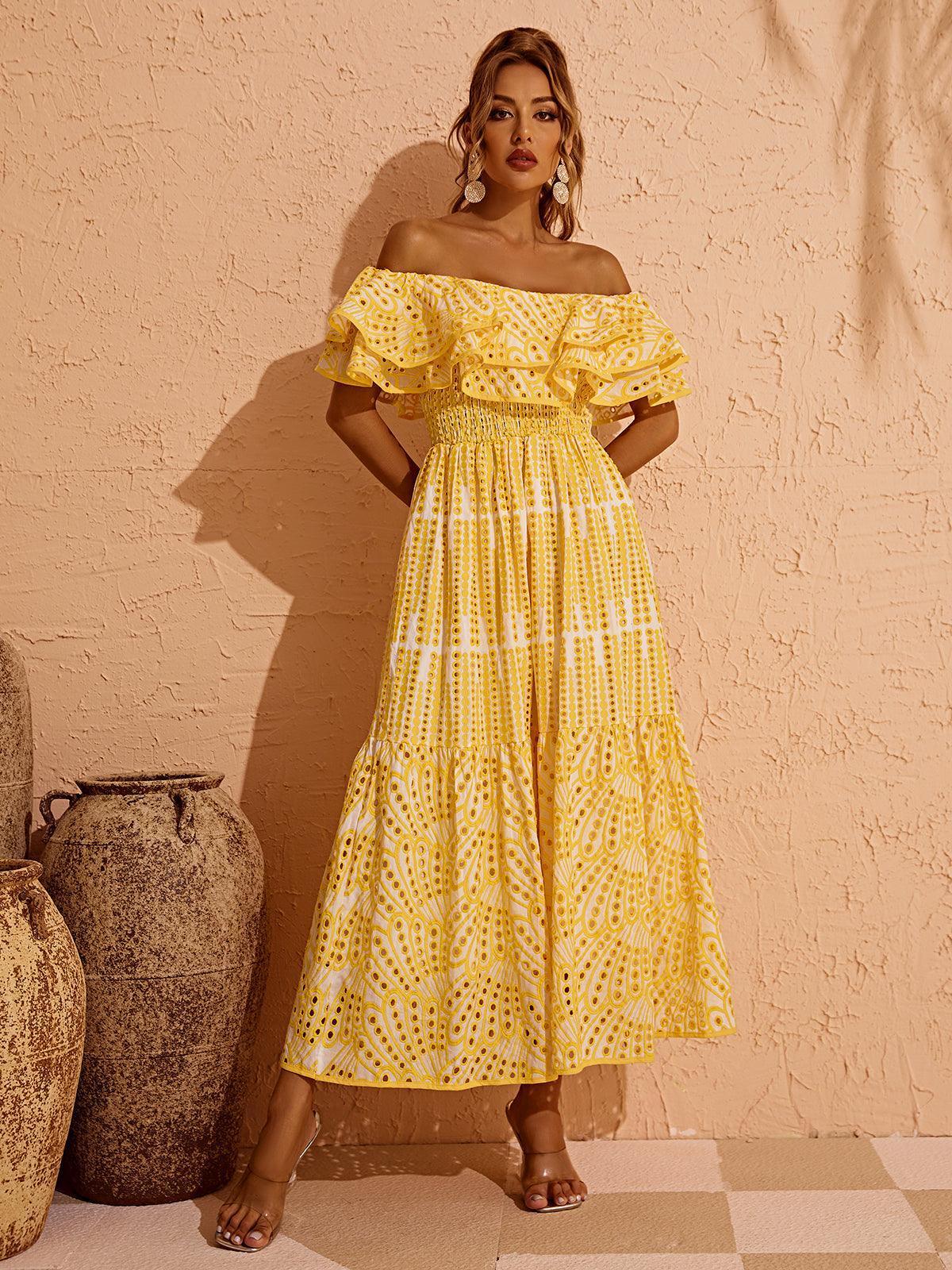 Soleil Off Shoulder Hollow Maxi Dress In Yellow-Mix MIx Style