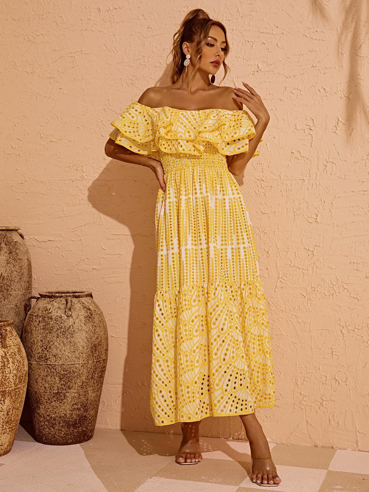 Soleil Off Shoulder Hollow Maxi Dress In Yellow-Mix MIx Style