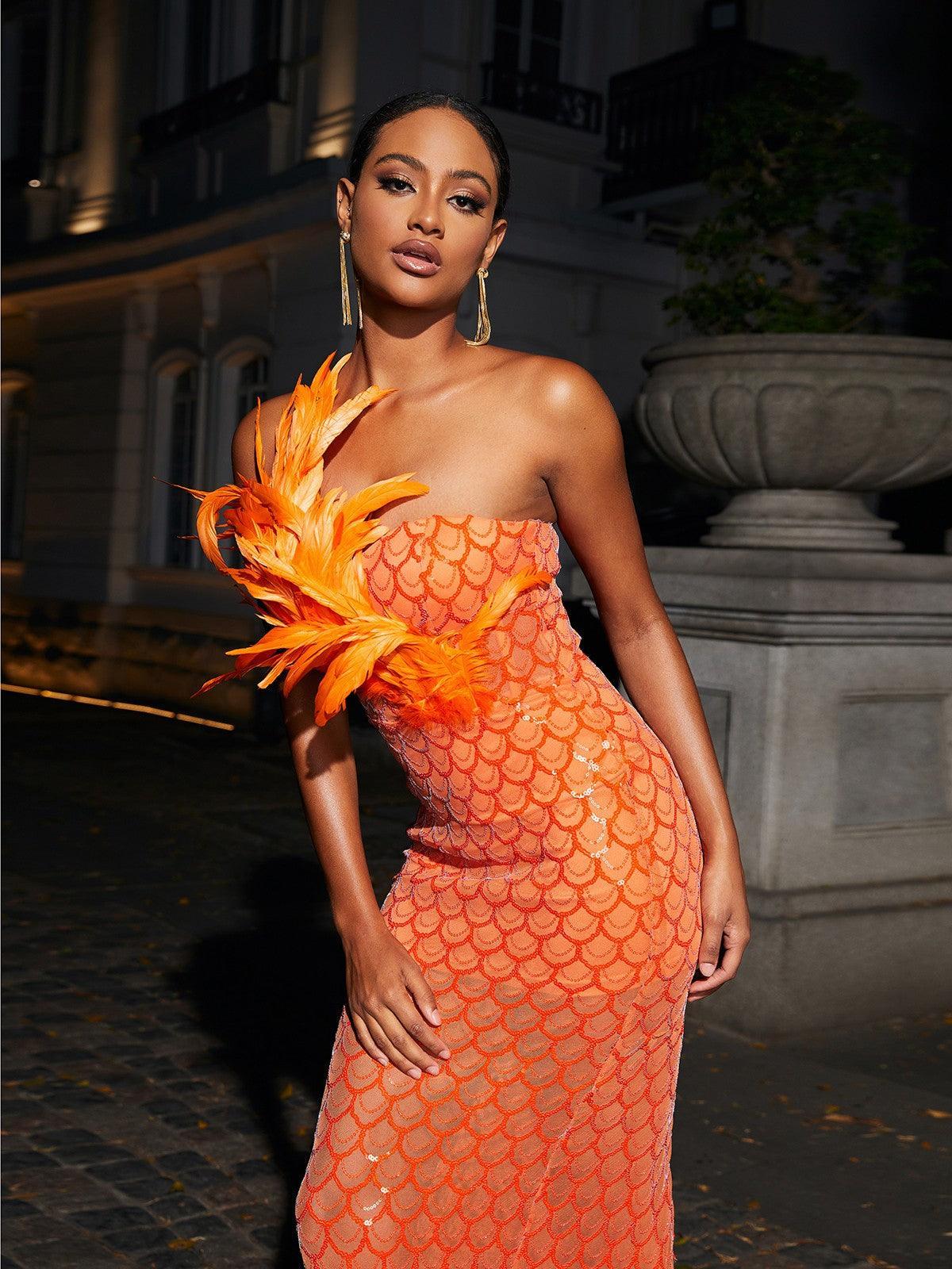 Orange Strapless Feather Sequin Maxi Dress | Mix Mix Style [Hot Seller]-Mix MIx Style