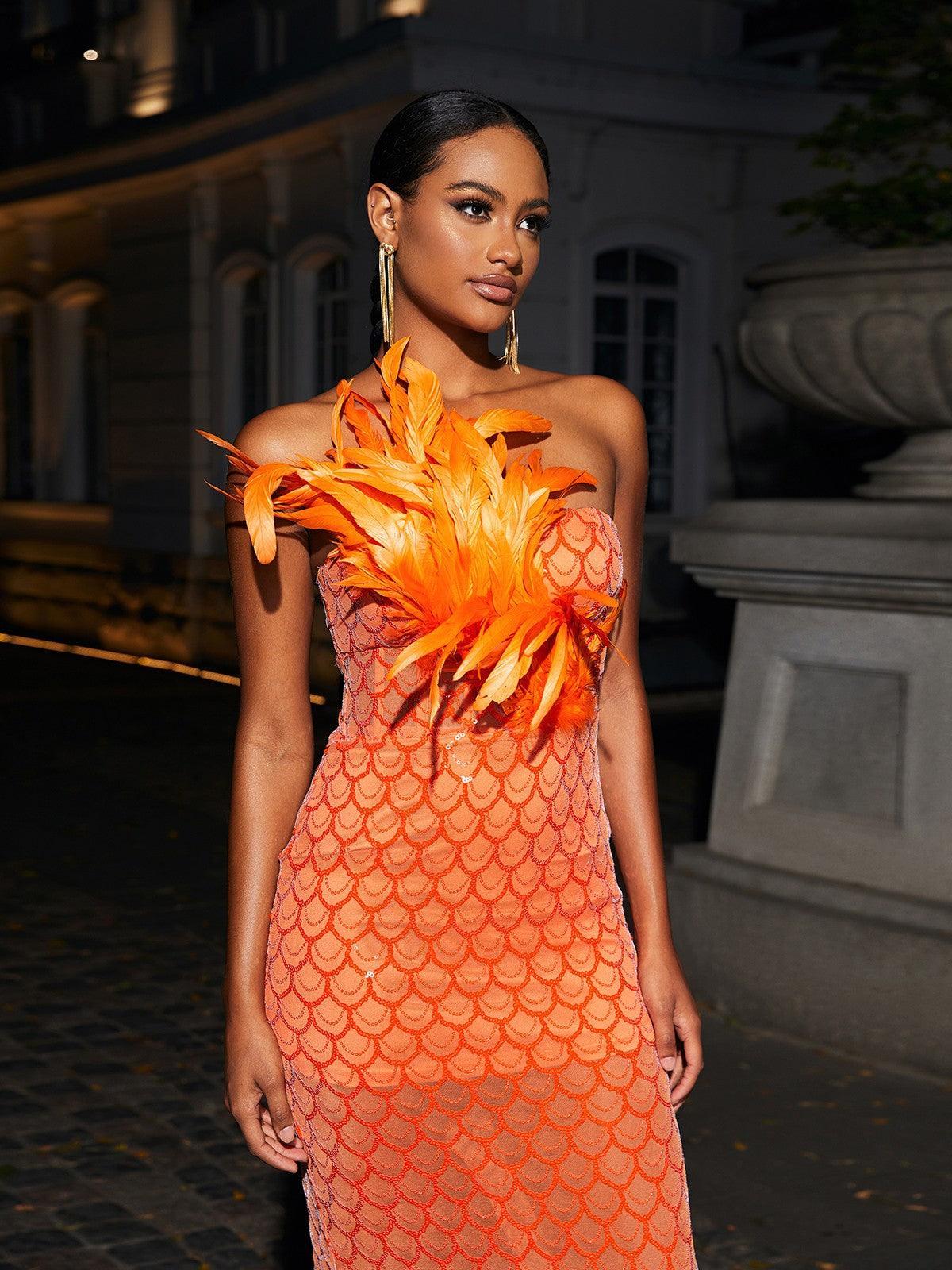 Orange Strapless Feather Sequin Maxi Dress | Mix Mix Style [Hot Seller]-Mix MIx Style