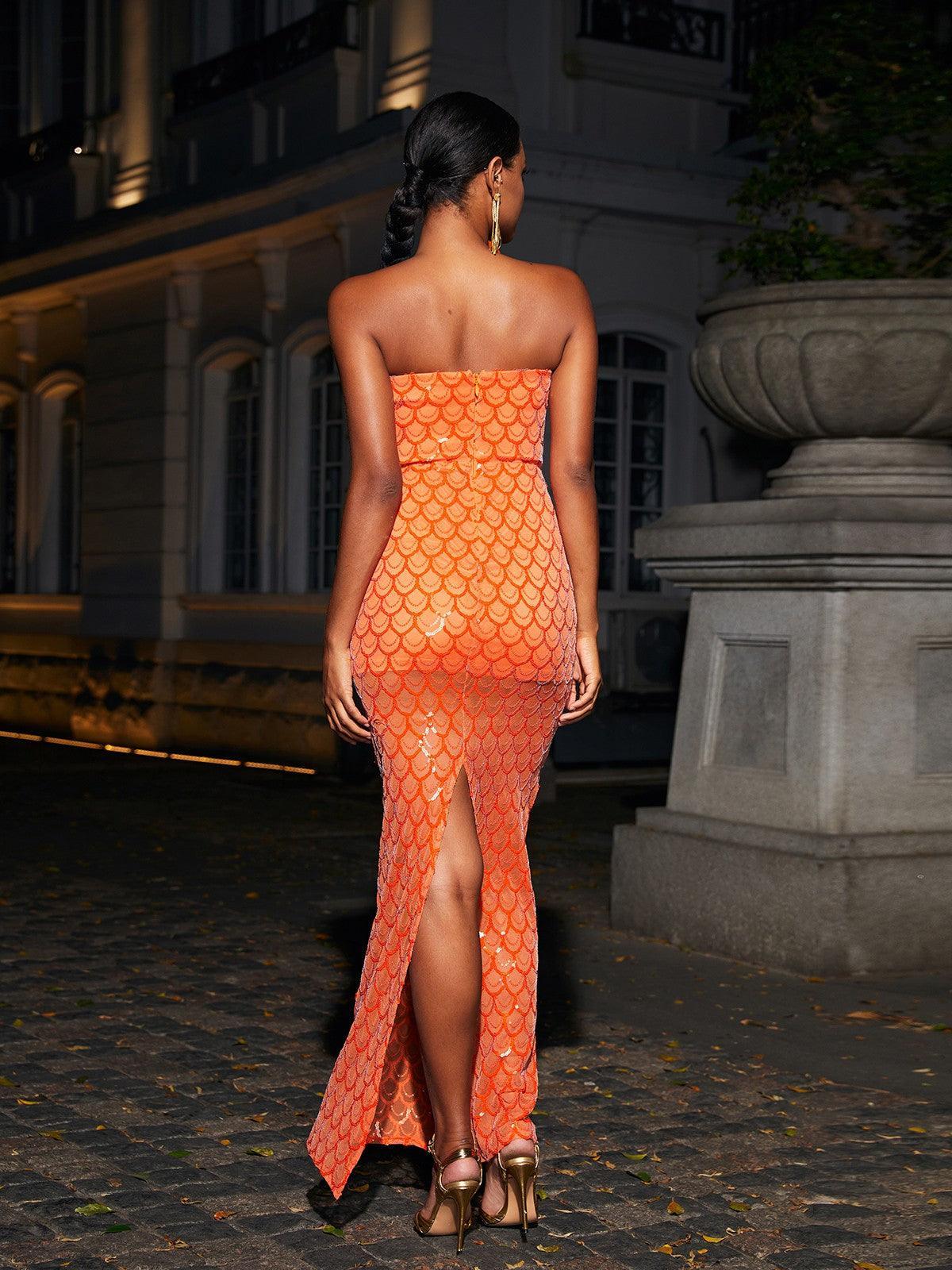 Orange Strapless Feather Sequin Maxi Dress | Mix Mix Style [Hot Seller]-Mix MIx Style
