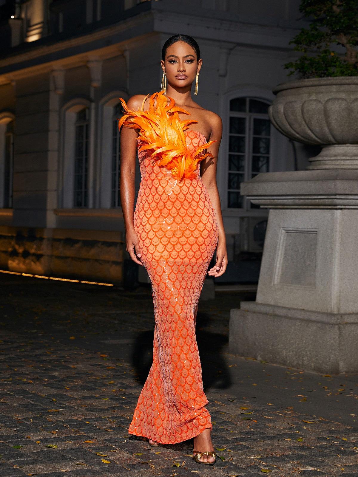 Orange Strapless Feather Sequin Maxi Dress | Mix Mix Style [Hot Seller]-Mix MIx Style