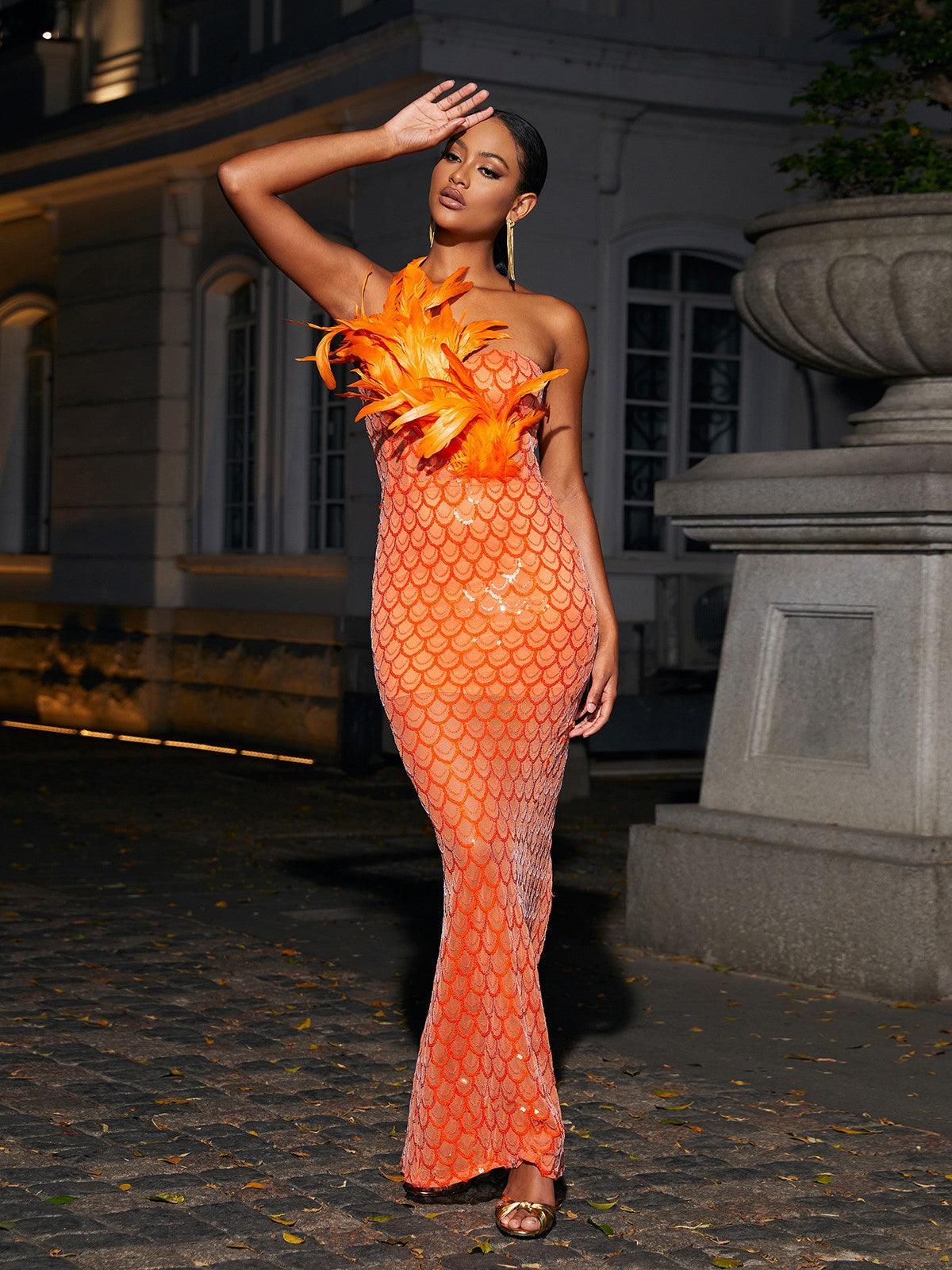 Orange Strapless Feather Sequin Maxi Dress | Mix Mix Style [Hot Seller]-Mix MIx Style