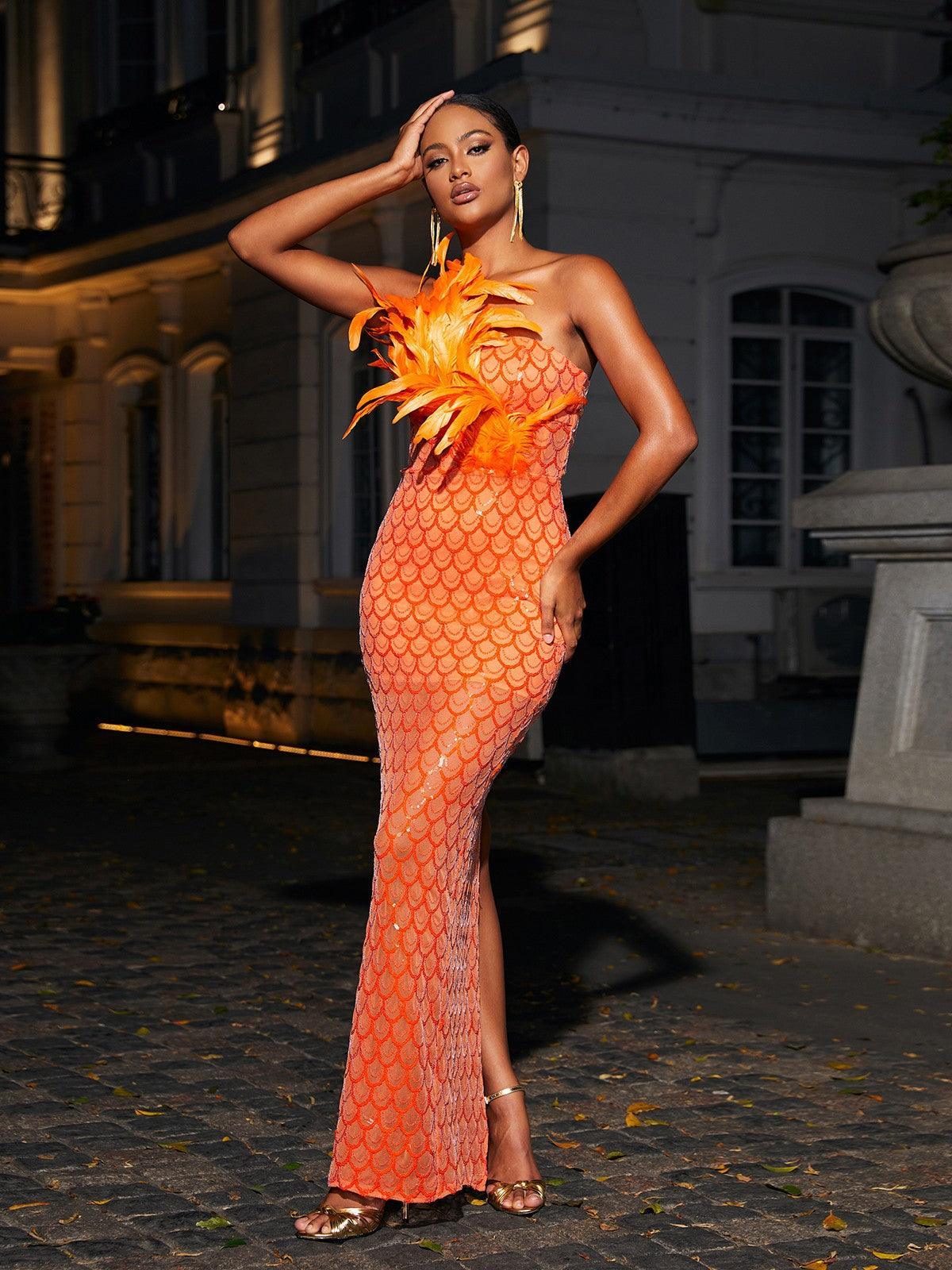 Orange Strapless Feather Sequin Maxi Dress | Mix Mix Style [Hot Seller]-Mix MIx Style
