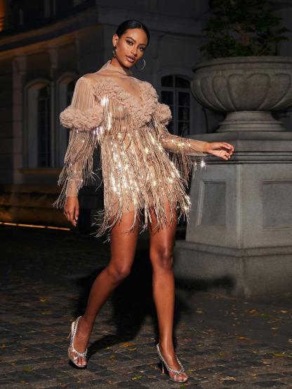 Sequin Long Sleeve Fringe Mini Dress In Champagne | Mix Mix Style [Hot Seller]-Mix MIx Style