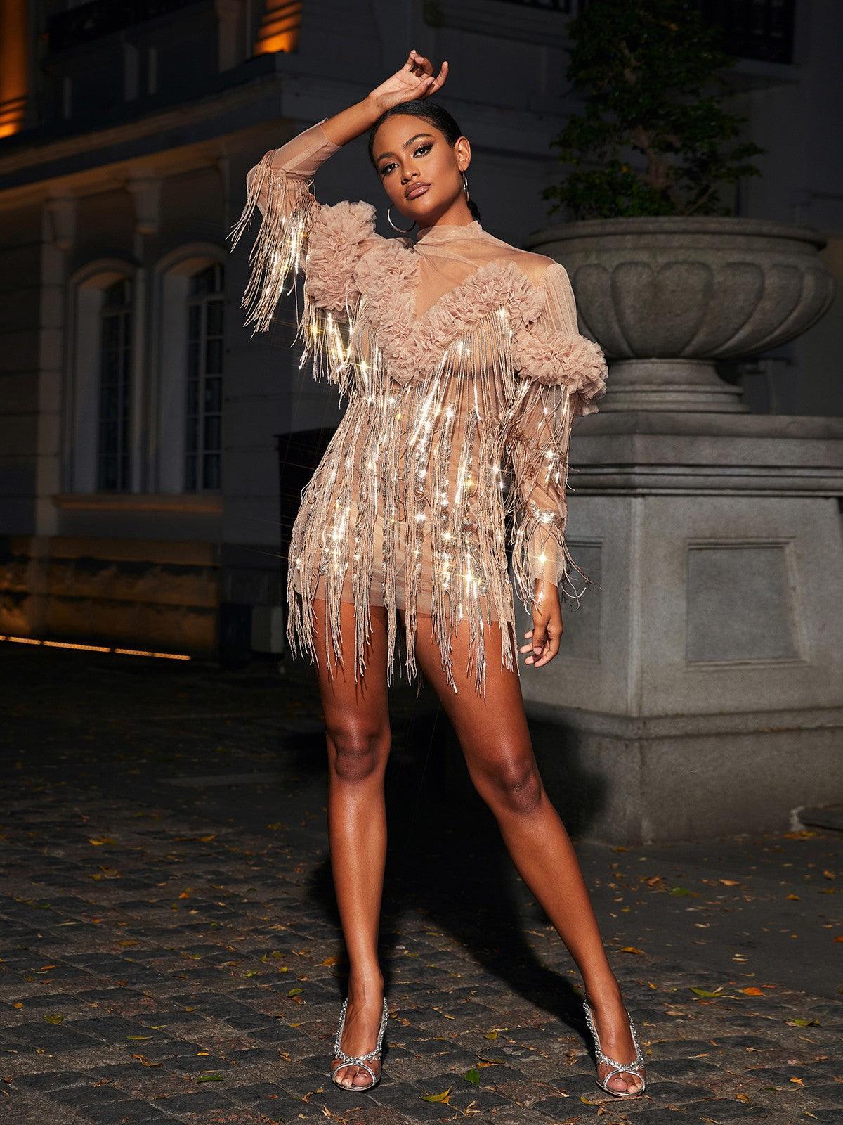 Sequin Long Sleeve Fringe Mini Dress In Champagne | Mix Mix Style [Hot Seller]-Mix MIx Style