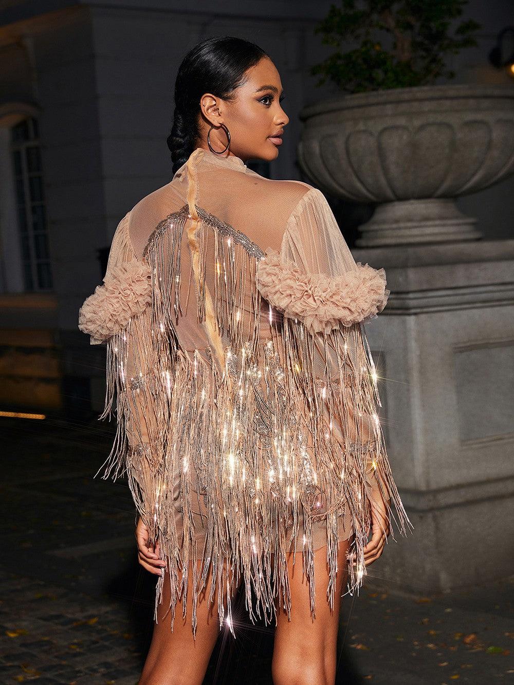 Sequin Long Sleeve Fringe Mini Dress In Champagne | Mix Mix Style [Hot Seller]-Mix MIx Style