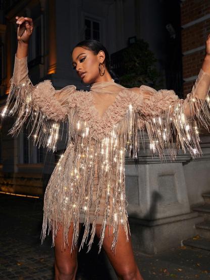 Sequin Long Sleeve Fringe Mini Dress In Champagne | Mix Mix Style [Hot Seller]-Mix MIx Style
