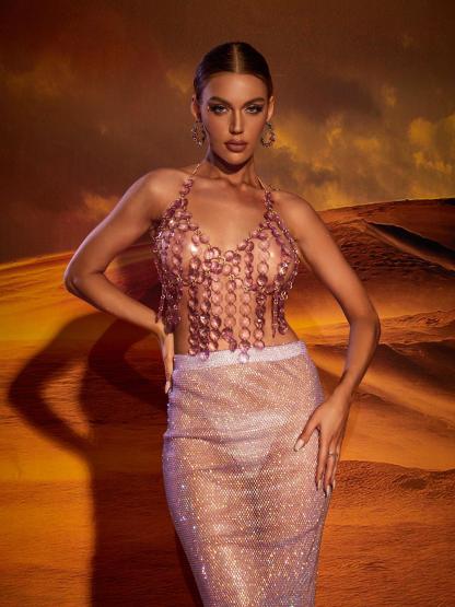 Stella Crystal Fringe Body Chain Top In Violet-Mix MIx Style