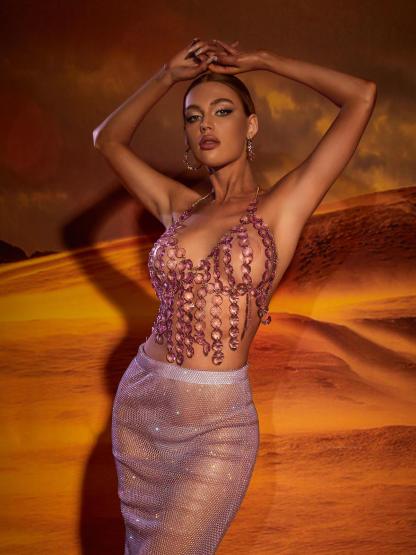 Stella Crystal Fringe Body Chain Top In Violet-Mix MIx Style