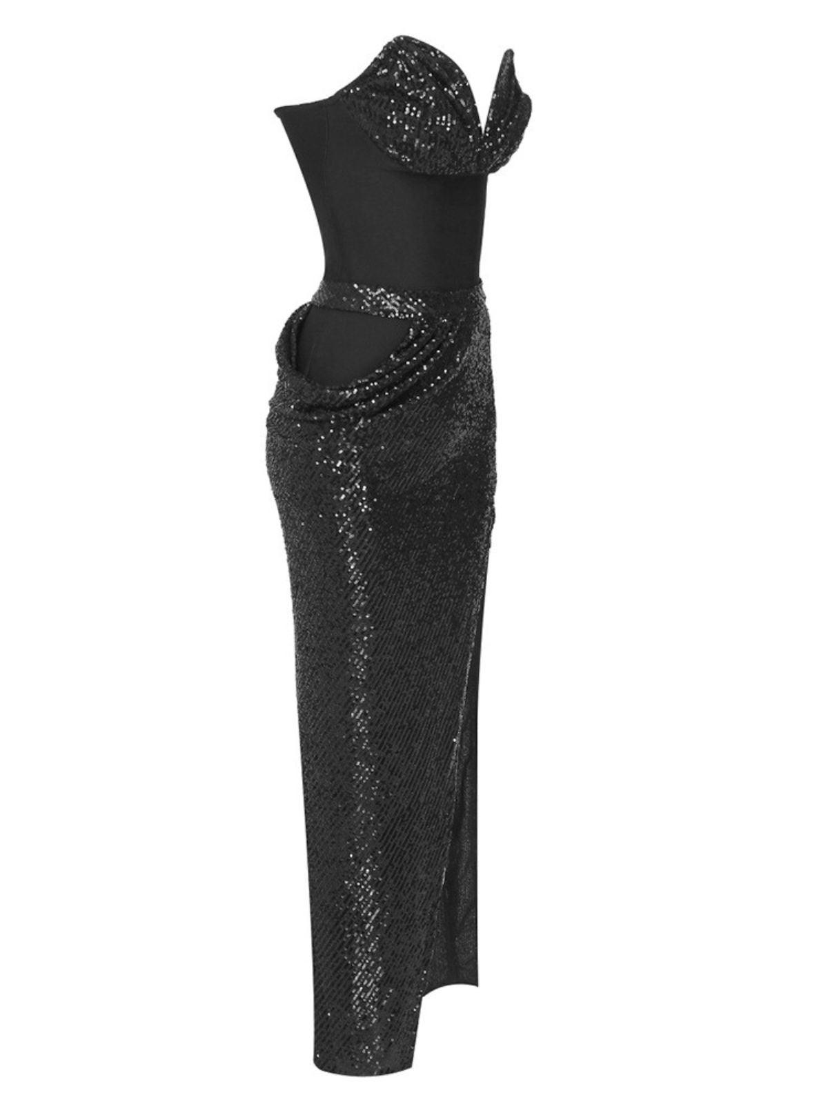 Black Split Strapless Sequin Maxi Dress | Mix Mix Style [Hot Seller]-Mix MIx Style
