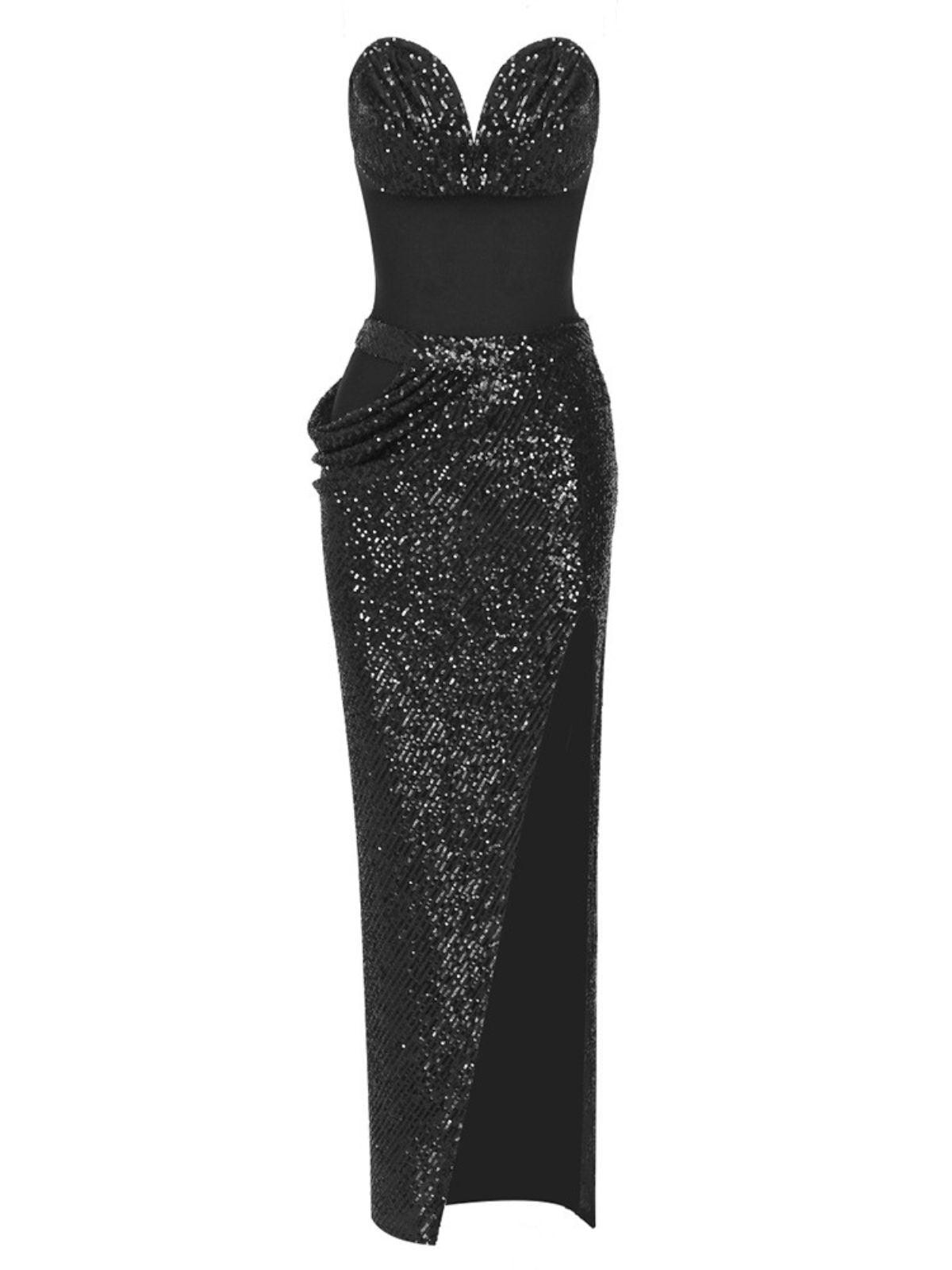 Black Split Strapless Sequin Maxi Dress | Mix Mix Style [Hot Seller]-Mix MIx Style