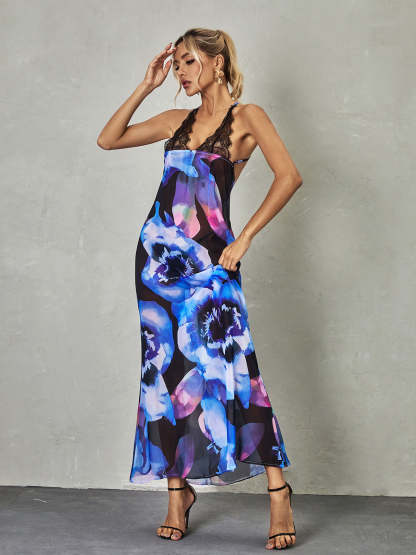 Svea Lace Floral Printed Maxi Dress In Blue-Mix MIx Style