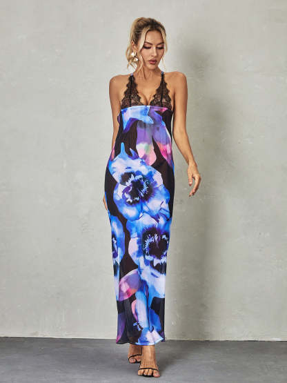 Svea Lace Floral Printed Maxi Dress In Blue-Mix MIx Style