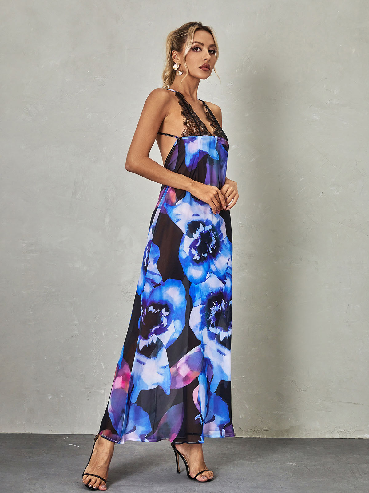 Svea Lace Floral Printed Maxi Dress In Blue-Mix MIx Style