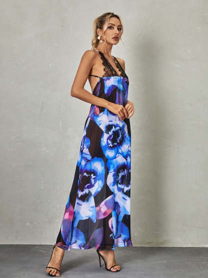 Svea Lace Floral Printed Maxi Dress In Blue-Mix MIx Style