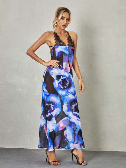 Svea Lace Floral Printed Maxi Dress In Blue-Mix MIx Style