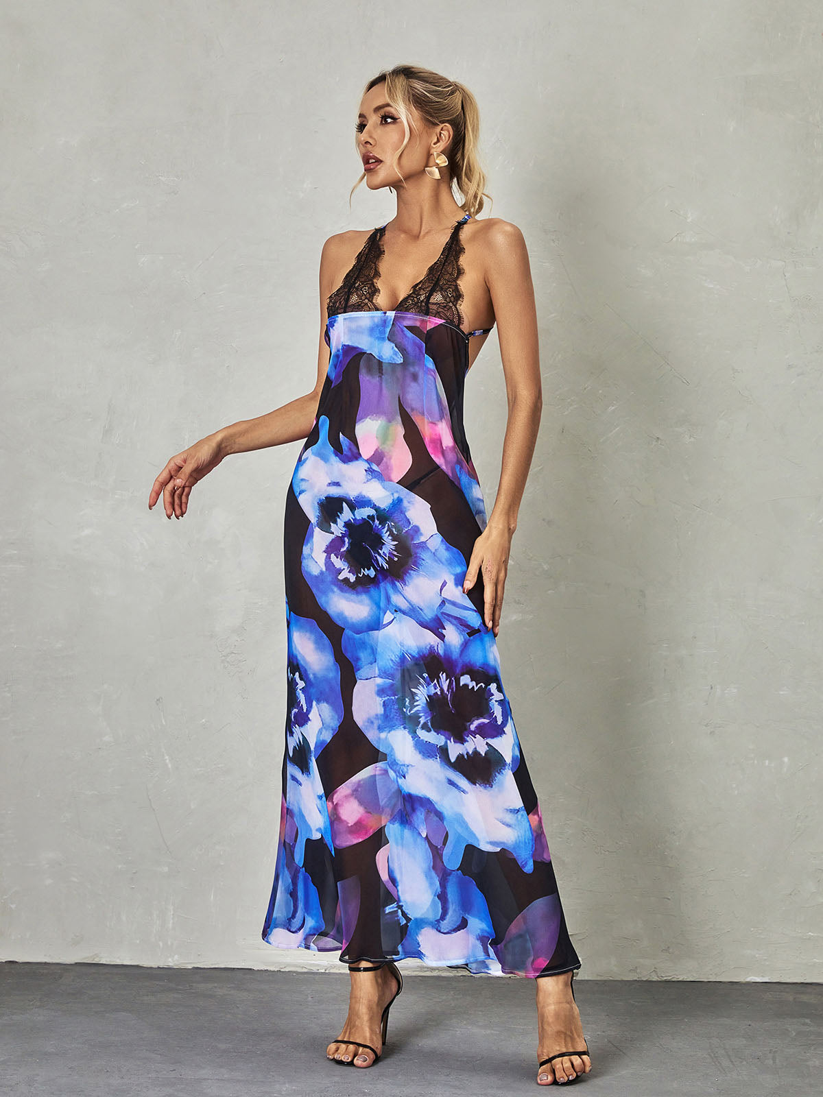 Svea Lace Floral Printed Maxi Dress In Blue-Mix MIx Style