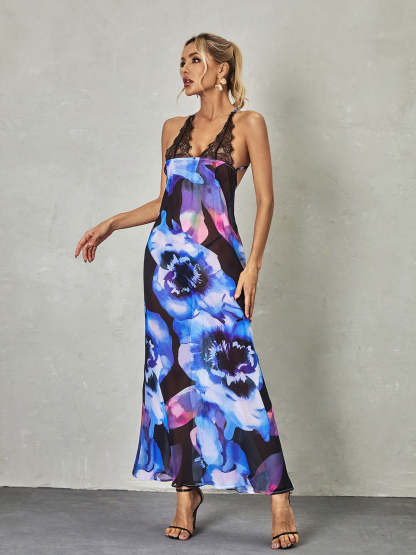 Svea Lace Floral Printed Maxi Dress In Blue-Mix MIx Style