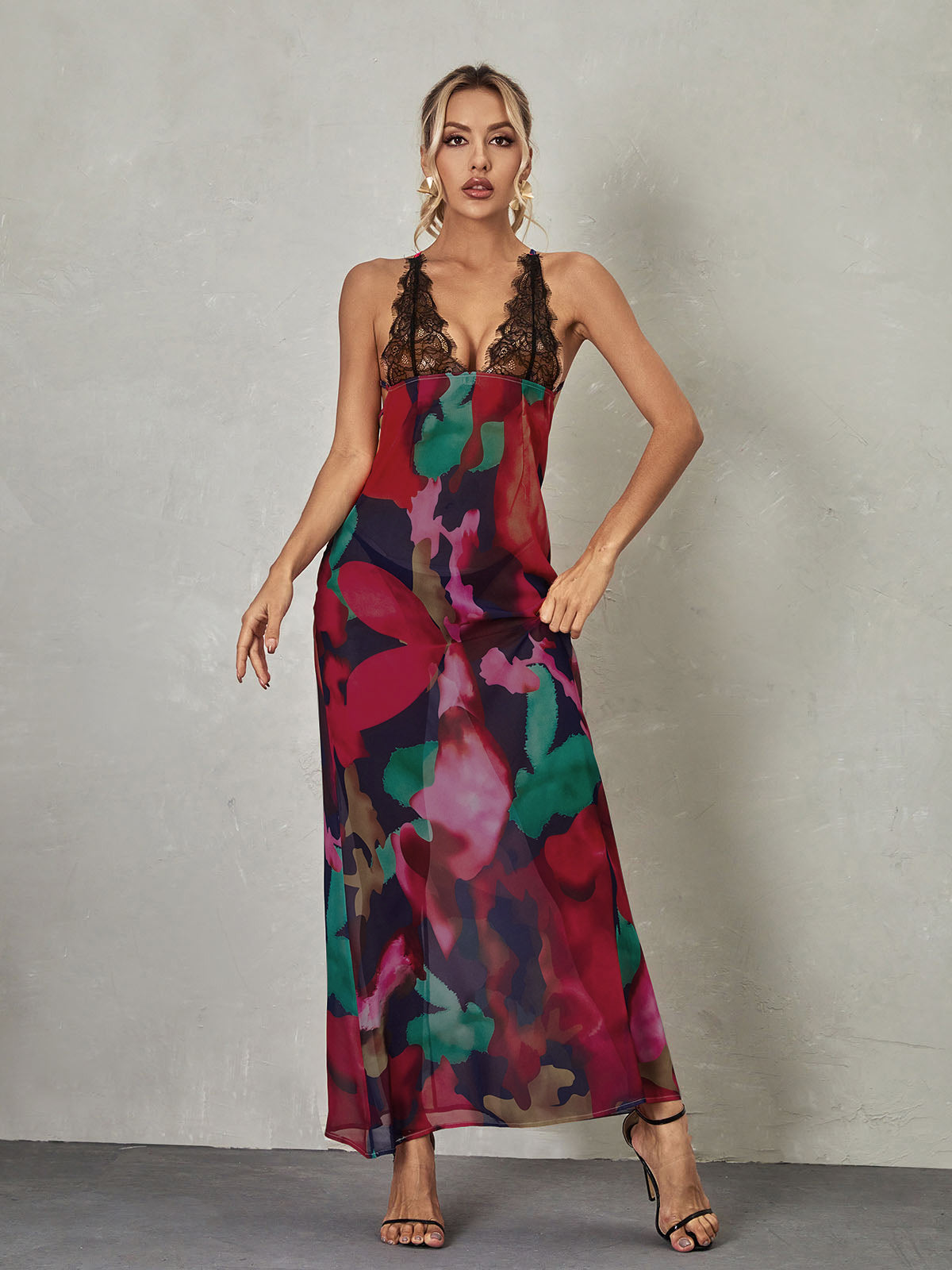 Svea Lace Floral Printed Maxi Dress In Red-Mix MIx Style