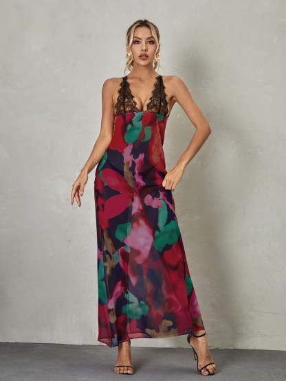Svea Lace Floral Printed Maxi Dress In Red-Mix MIx Style