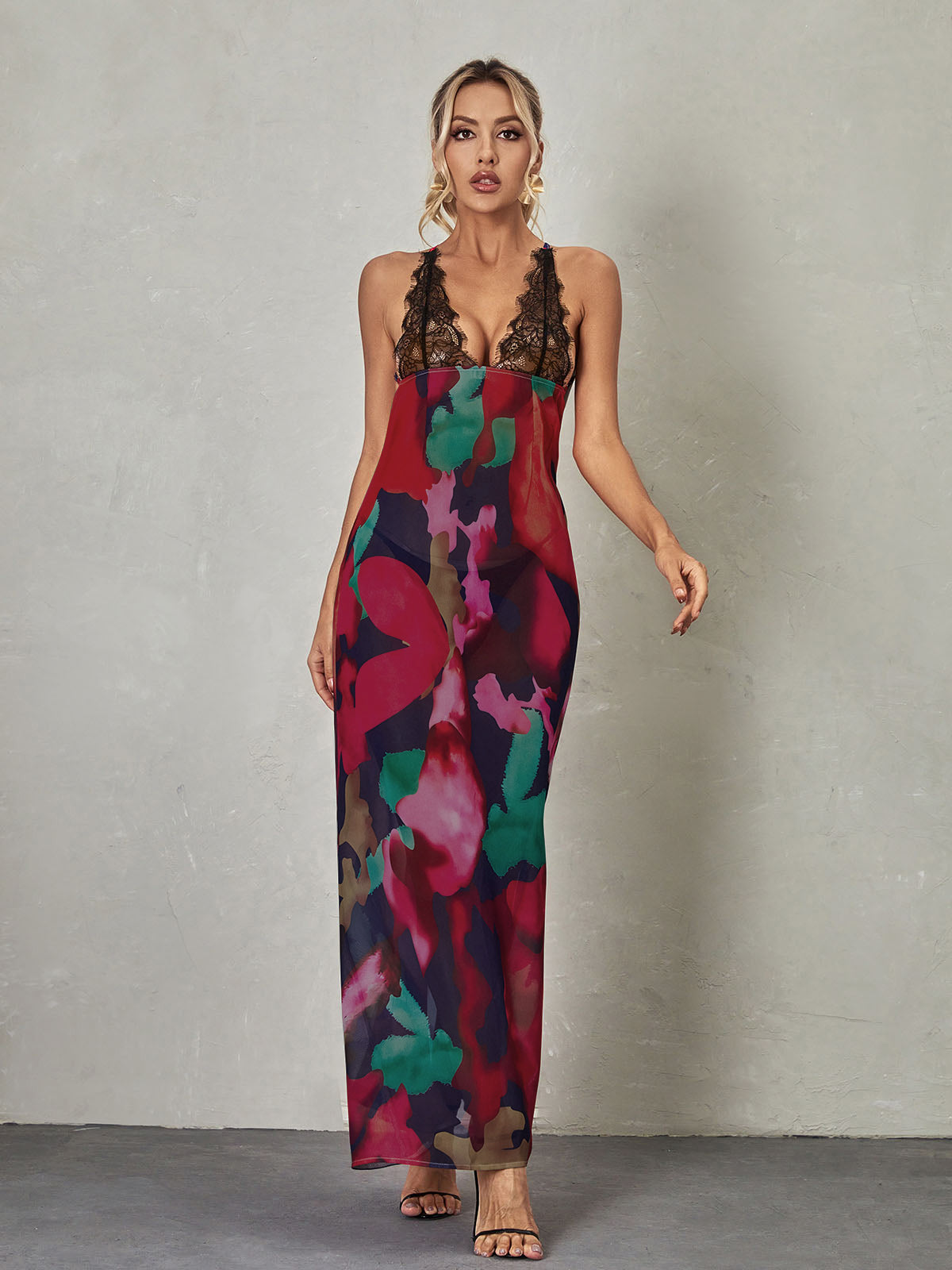 Svea Lace Floral Printed Maxi Dress In Red-Mix MIx Style