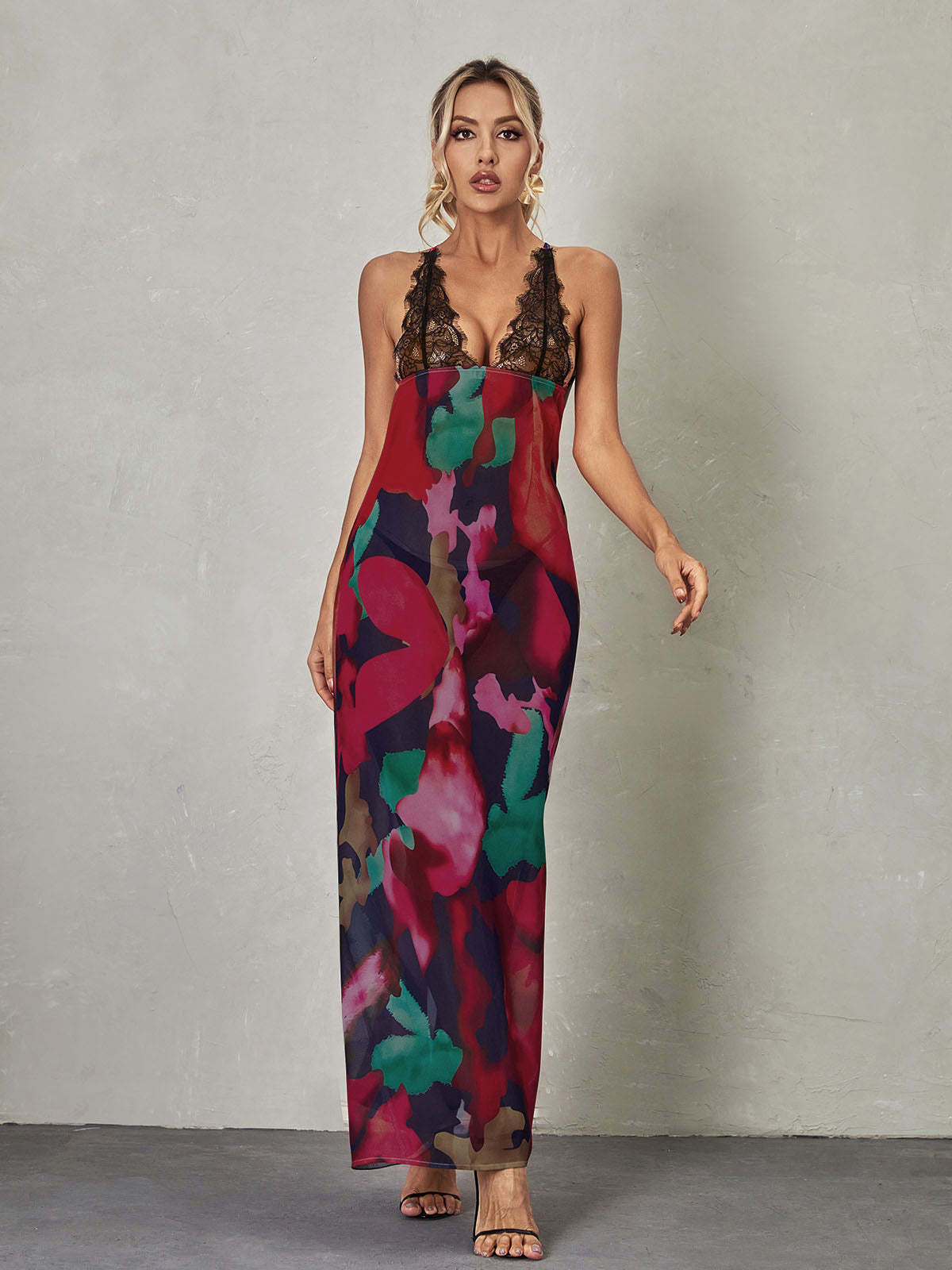 Svea Lace Floral Printed Maxi Dress In Red-Mix MIx Style