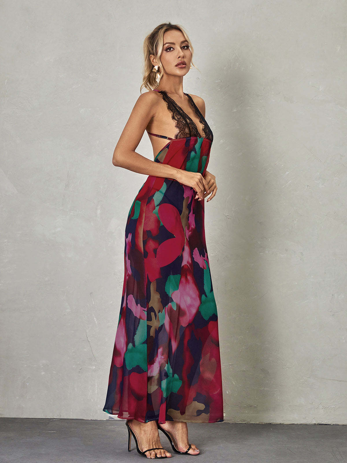 Svea Lace Floral Printed Maxi Dress In Red-Mix MIx Style