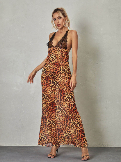 Svea Lace Leopard Printed Maxi Dress-Mix MIx Style