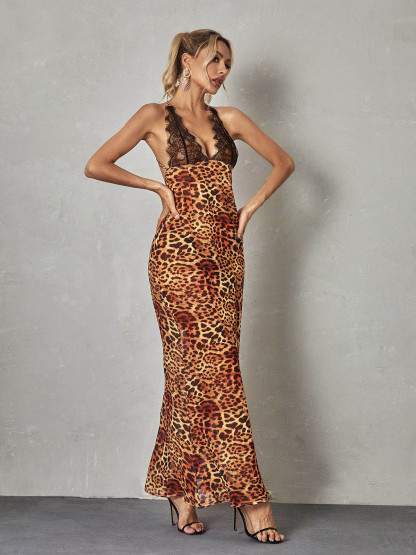 Svea Lace Leopard Printed Maxi Dress-Mix MIx Style