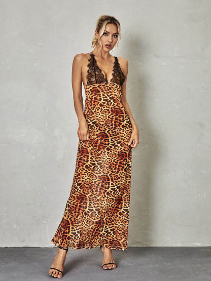 Svea Lace Leopard Printed Maxi Dress-Mix MIx Style