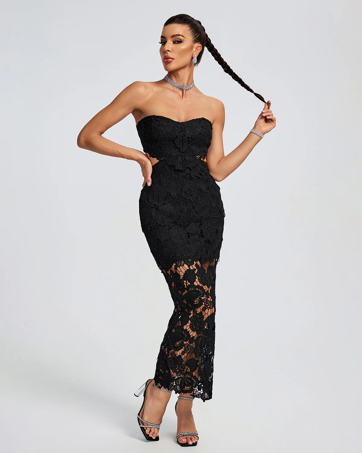 black Strapless backless Floral lace Cutout Bustier evening party Maxi Dress | Mix Mix Style