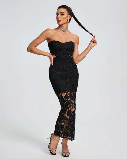 black Strapless backless Floral lace Cutout Bustier evening party Maxi Dress | Mix Mix Style