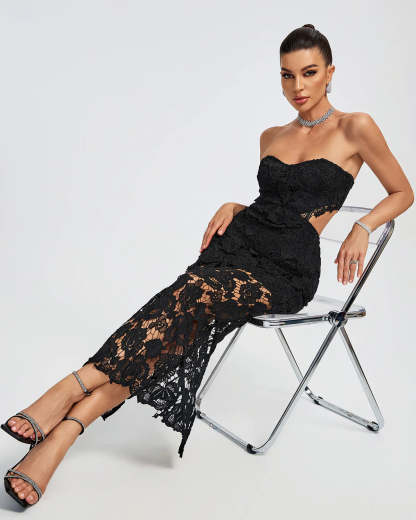 black Strapless backless Floral lace Cutout Bustier evening party Maxi Dress | Mix Mix Style