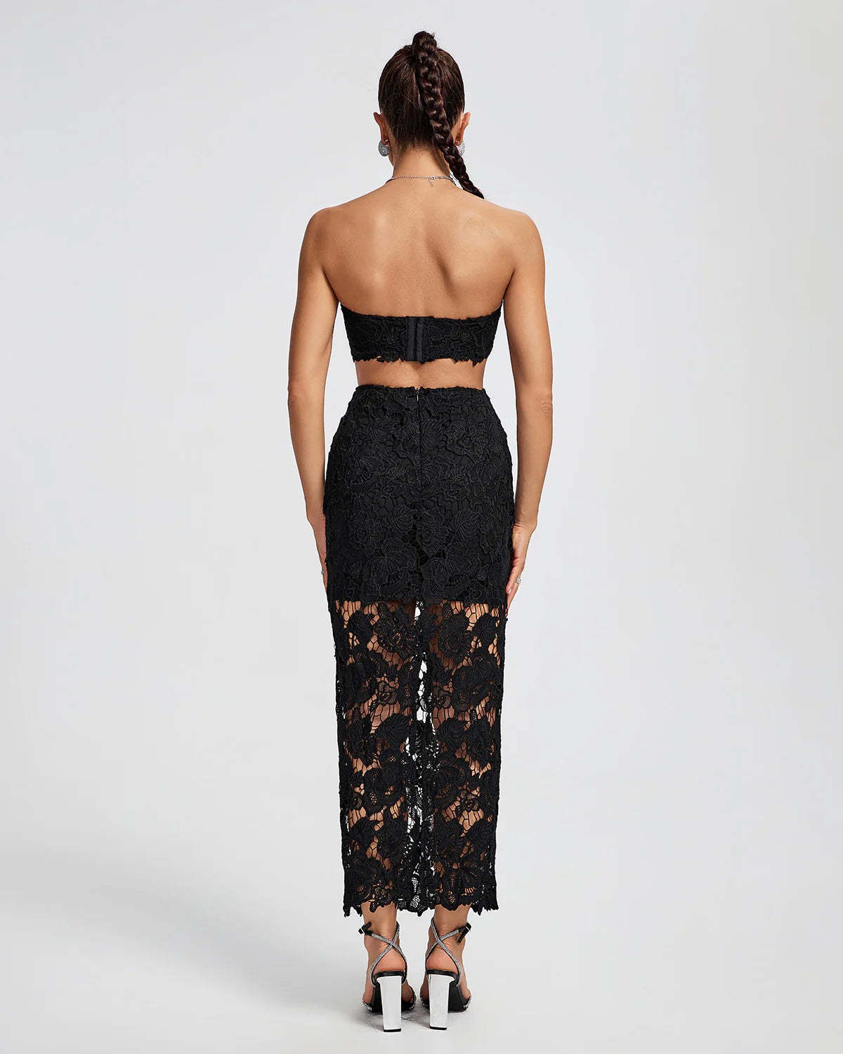 black Strapless backless Floral lace Cutout Bustier evening party Maxi Dress | Mix Mix Style