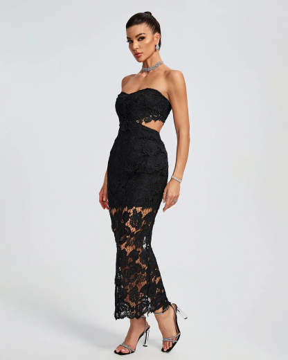 black Strapless backless Floral lace Cutout Bustier evening party Maxi Dress | Mix Mix Style