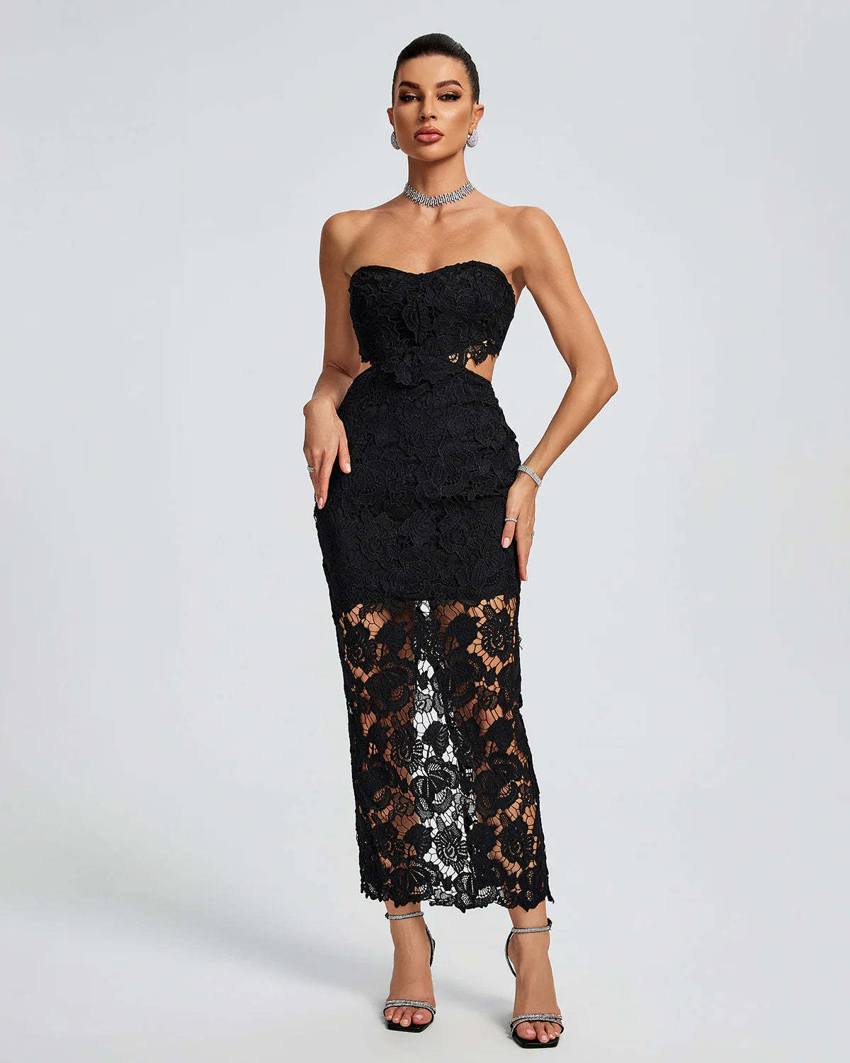 black Strapless backless Floral lace Cutout Bustier evening party Maxi Dress | Mix Mix Style