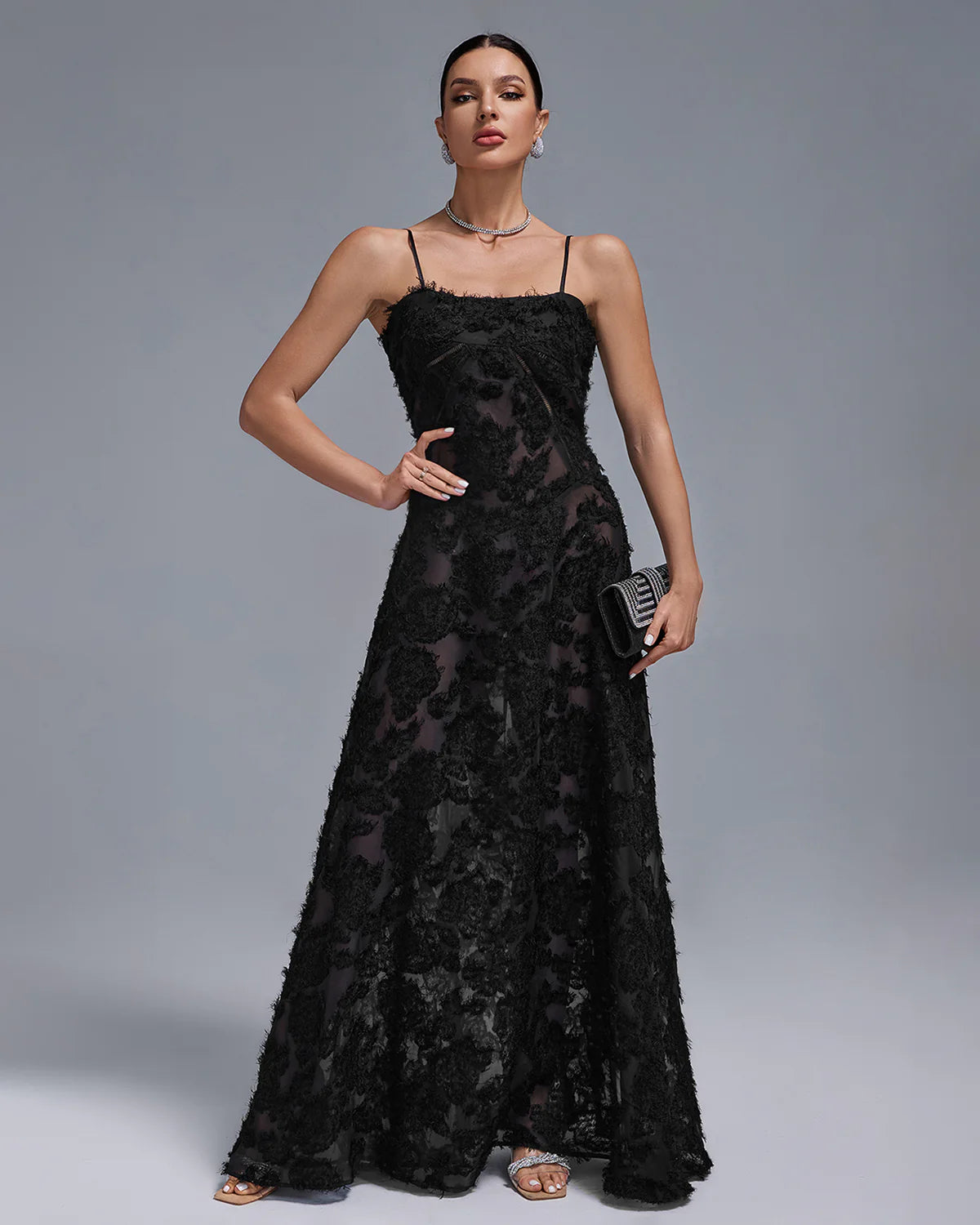 black strappy backless textured pleated Floral Lace date party Maxi Dress | Mix Mix Style