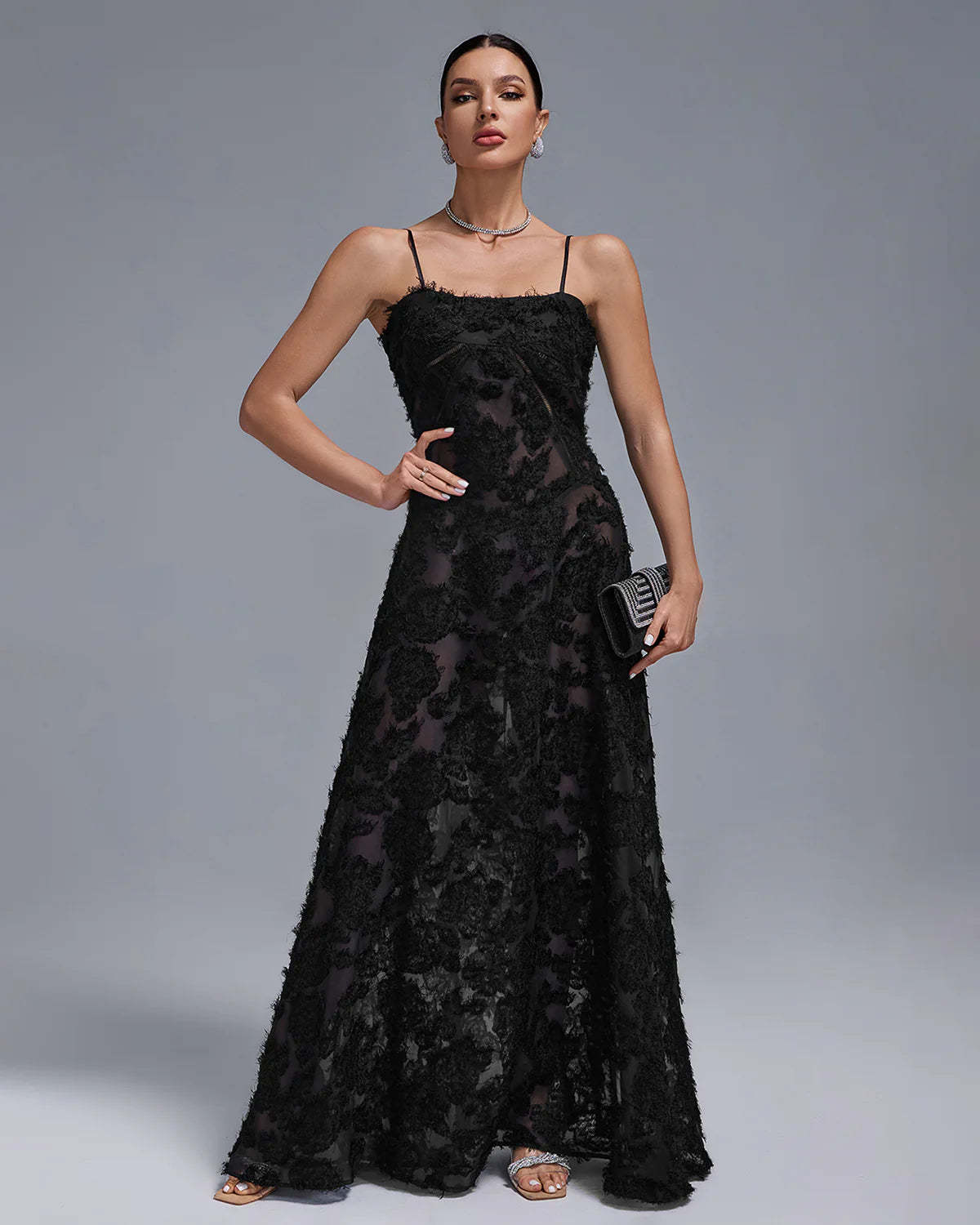 black strappy backless textured pleated Floral Lace date party Maxi Dress | Mix Mix Style