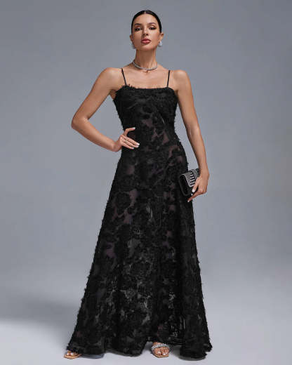 black strappy backless textured pleated Floral Lace date party Maxi Dress | Mix Mix Style
