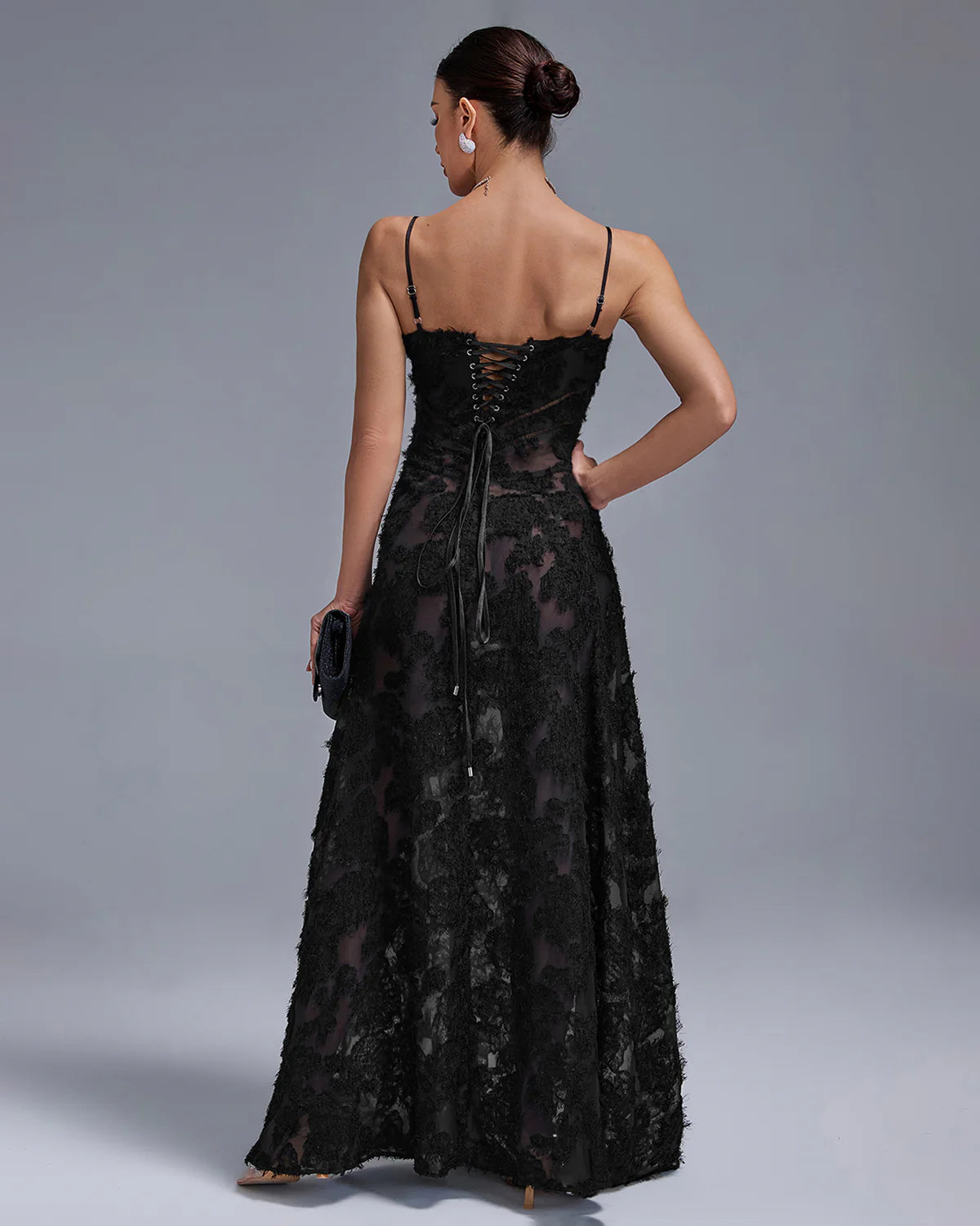 black strappy backless textured pleated Floral Lace date party Maxi Dress | Mix Mix Style