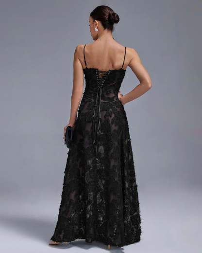 black strappy backless textured pleated Floral Lace date party Maxi Dress | Mix Mix Style