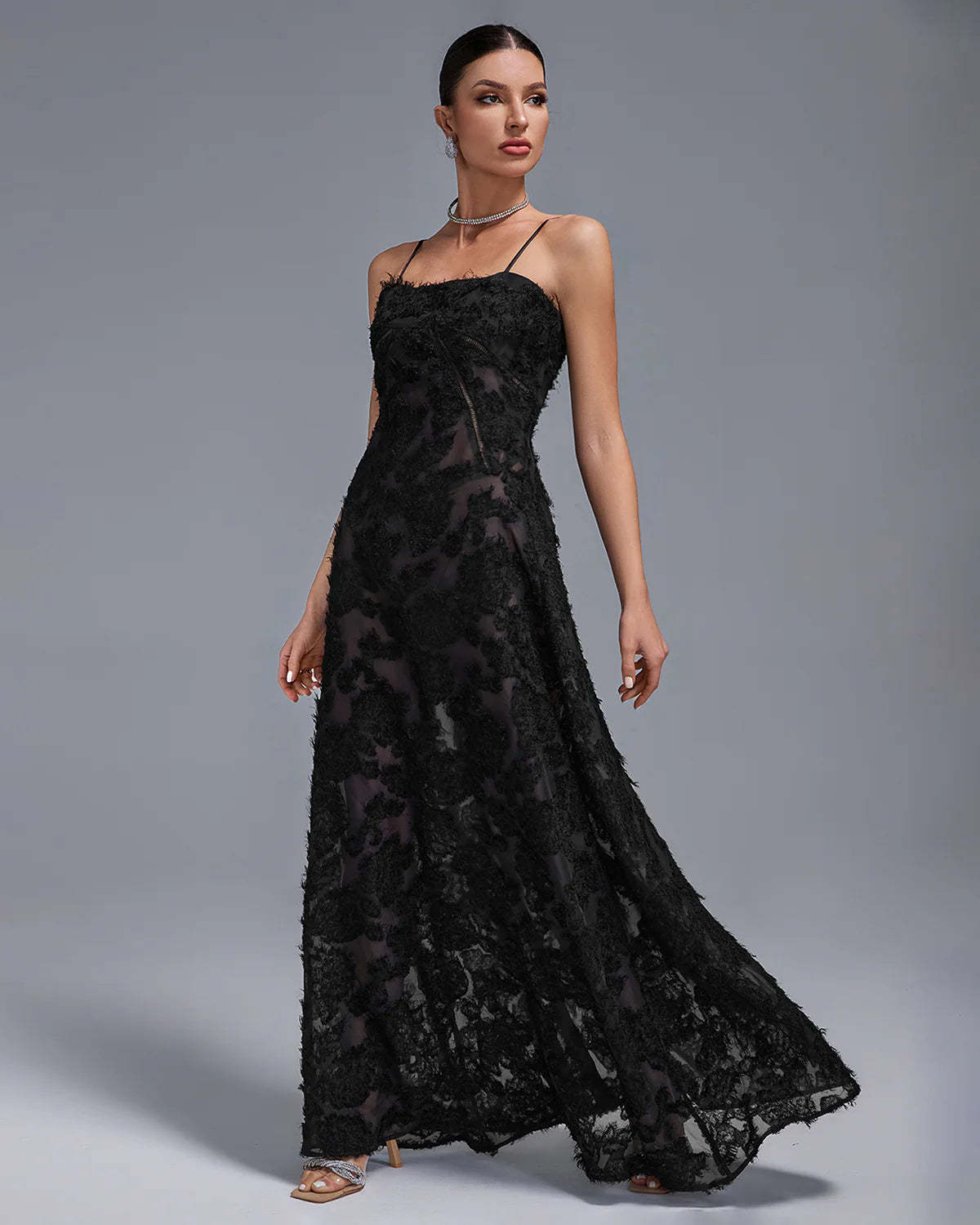 black strappy backless textured pleated Floral Lace date party Maxi Dress | Mix Mix Style-Mix MIx Style