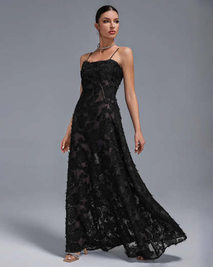 black strappy backless textured pleated Floral Lace date party Maxi Dress | Mix Mix Style